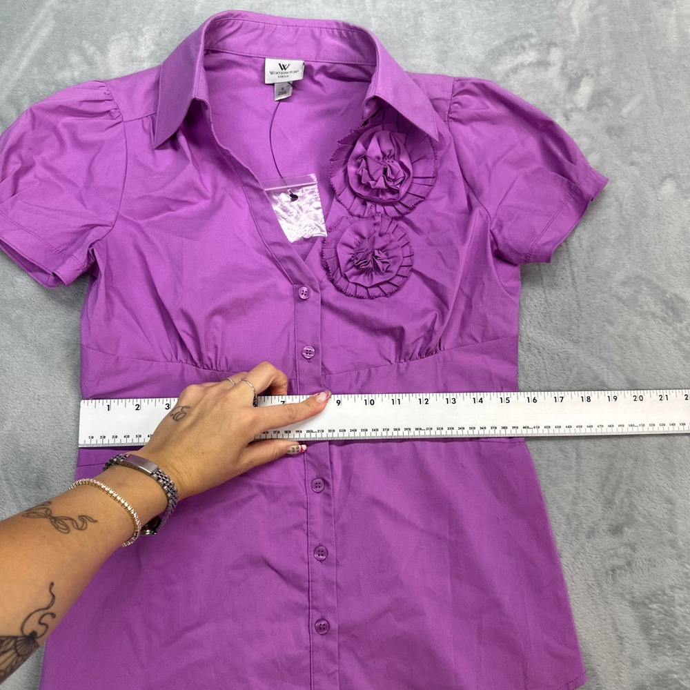 Worthington Purple Rosette Accent Short Puff Sleeve Button Down Blouse Small - Picture 3 of 5